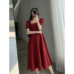 FT GUOGE红色连衣裙女2021夏季新款方领法式复古气质泡泡袖订婚裙