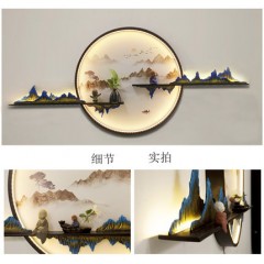 新中式玄关圆形装饰画led带灯茶室禅意背景墙画发光水墨山水挂画